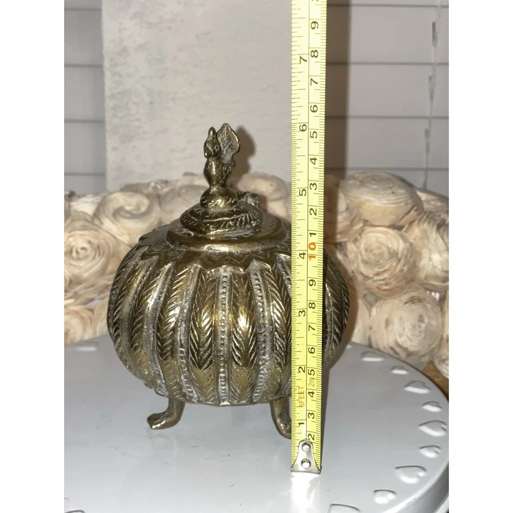 Antique Indian Cast Bronze Mughal Footed Ink Well w/ Peacock Lid‎ & Fluted Sides